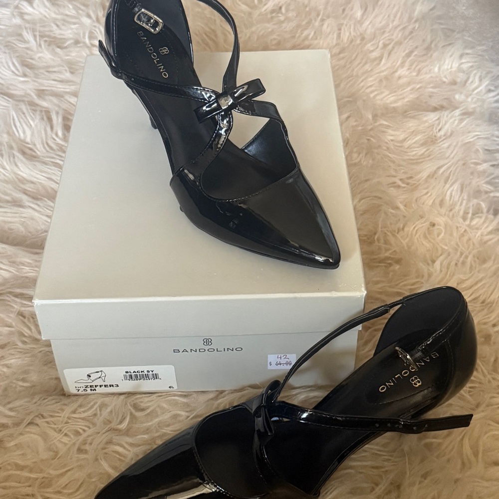 Bandolino Glossy Black Strappy Kitten Heels